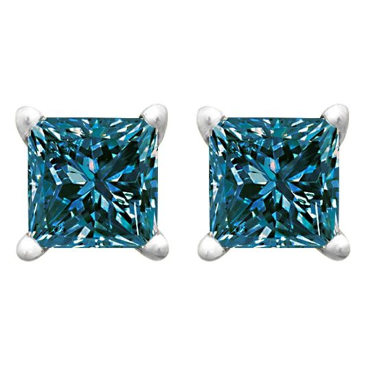 PARIKHS Blue Princess cut AA Quality Diamond Stud in 10k White Gold 0.08ct