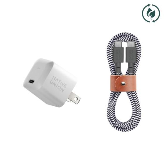 Fast GaN PD 30W Charger w/ USB-C to USB-C Cable Bundle White/Zebra