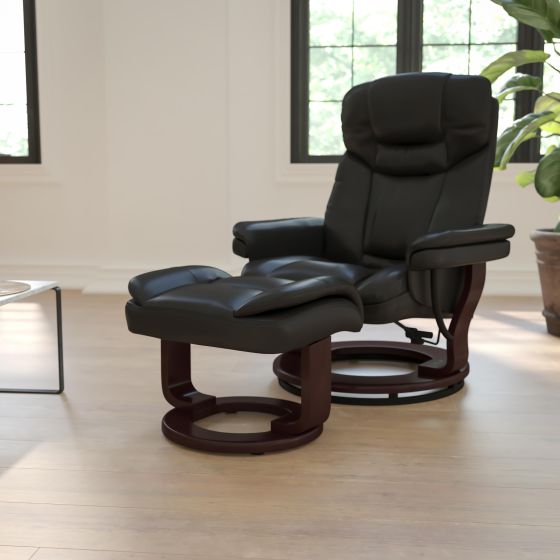 Black LeatherSoft Multi-Position Recliner &Curved Ottoman w/Mahogany Wood Base
