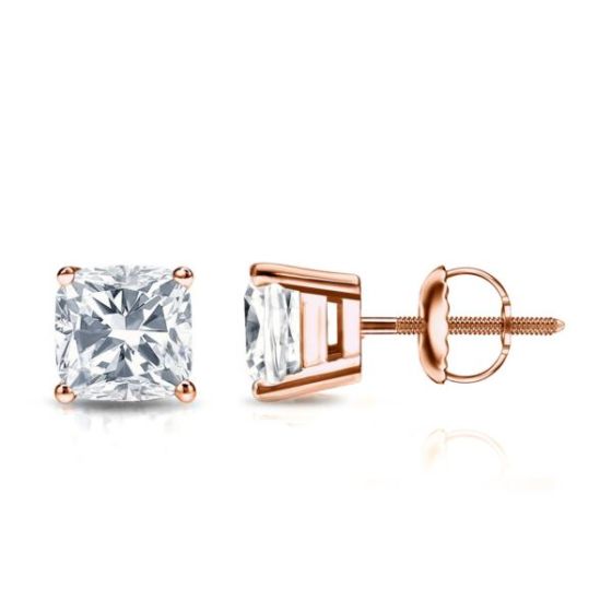 Bright White Pristine Cushion Lab Grown Diamond Screwback Stud in 14K Rose Gold 1.50ct, GH, VS