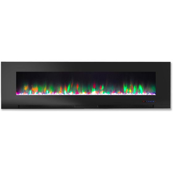 60 In. Wall-Mount Electric Fireplace in Black with Multi-Color Flames and Crystal Rock Display