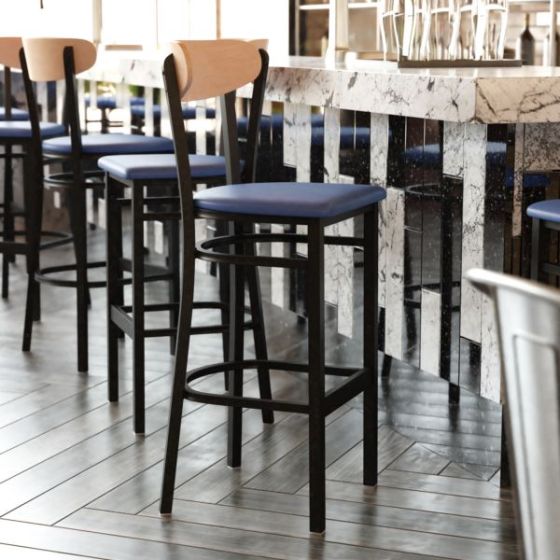 Commercial Metal Barstool with Vinyl Seat and Wood Boomerang Back-Blue/Natural