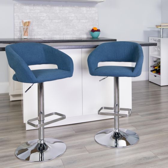 Blue Fabric Adjustable Height Barstool with Rounded Mid-Back and Chrome Base