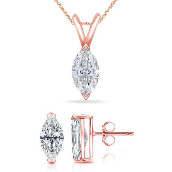 Bright White Pristine Marquise Lab Grown Diamond Pendant-Stud Set in 14K Rose Gold 1.50ct, GH, VS