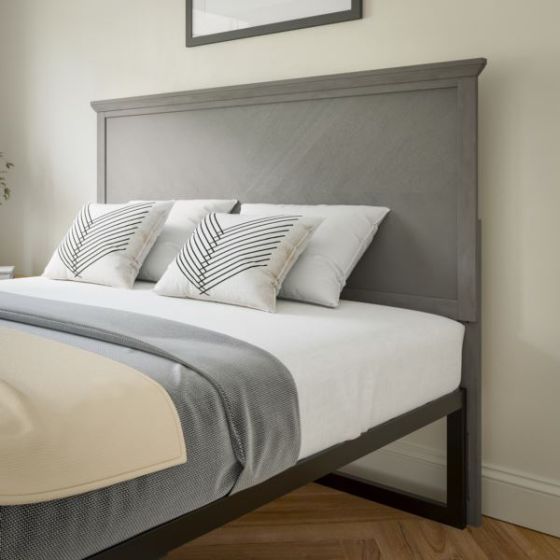 Contemporary Queen Size Herring Bone Wooden Headboard Only in Gray Wash