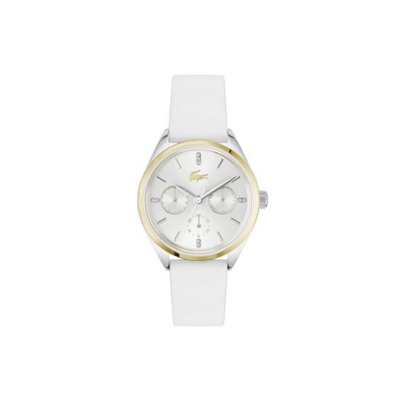 Lacoste Atena Ladies Watch.  34MM Stainless Steel and yellow Gold IP case. Silver White multi-function Dial. White Silicone Strap with Tongue buckle . Mineral Crystal. Water resistant to 5 ATM. Quartz Multi-function Movement