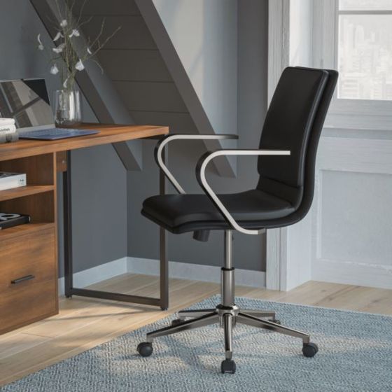Designer Executive Swivel Office Chair with Brushed Chrome Arms and Base, Black