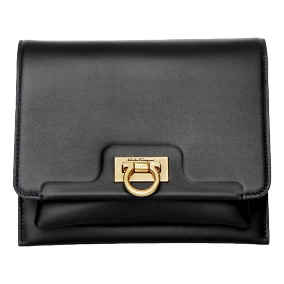 Ferragamo Trifolio Black Leather Flap Crossbody Bag Gold Gancini Designer