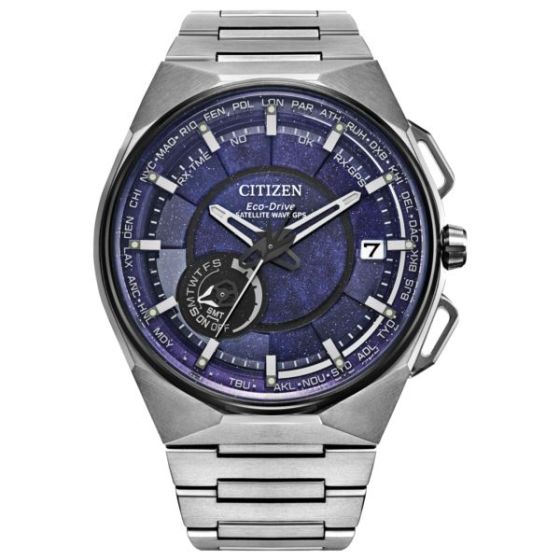 Men's Satellite Wave GPS Super Titanium Silver Watch Blue Cosmos Dial