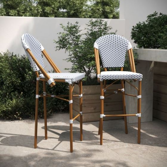 2 Pack All-Weather Commercial Paris Stools with Bamboo Print Frame-Natural/White