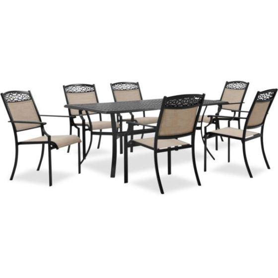 Lisbon 7-Piece Outdoor Patio Dining Set with 39x68-In. Cast Top Aluminum Table and 6 Stackable Sling