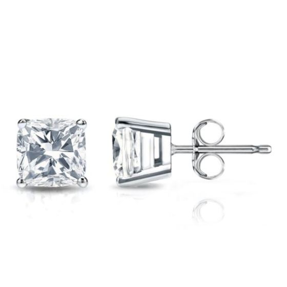 Bright White Pinnacle Cushion Lab Grown Diamond Stud in 14K White Gold 2.10ct,Color-GH,Clarity-VVS