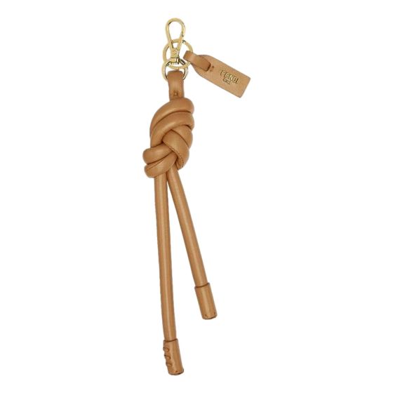 Fendi Knot Oversized Bag Charm Keychain Brown Calfskin Leather Gold Hardware