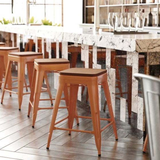 Indoor/Outdoor Backless Counter Stool with Poly Seat - Orange/Teak