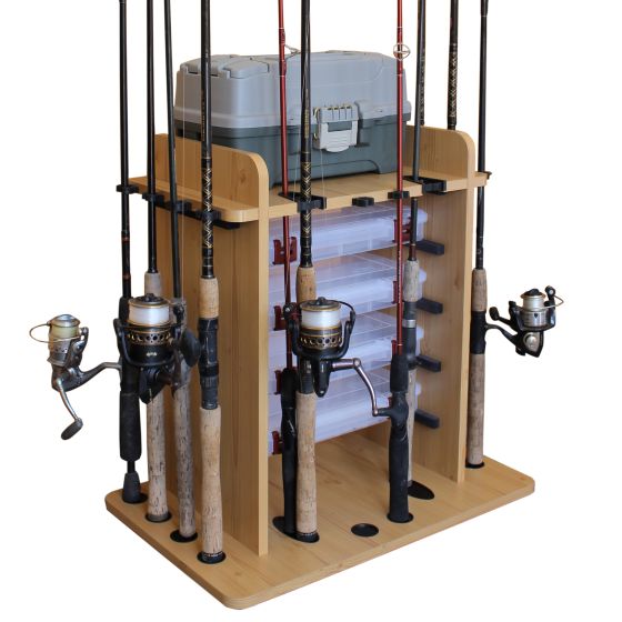 14-Fishing Rod Storage Rack with Bait Bin Storage