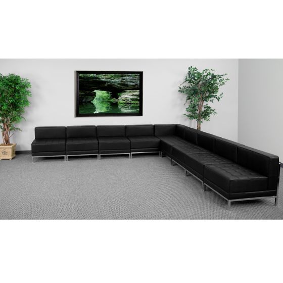 9 Piece Black LeatherSoft Modular Sectional Configuration - Stainless Steel Legs