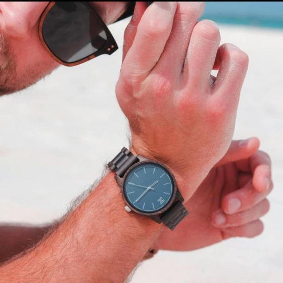 Atlantic  Dark Sandalwood w/ Blue Face Wooden Watch