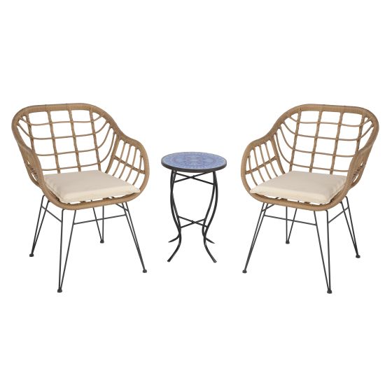 2 Faux Rattan Basket Chairs - Brown w/Pansies Blue Mosiac Accent Table