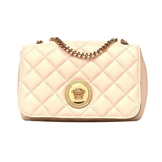 Versace La Medusa Nappa Quilted Beige Leather Small Crossbody Bag Gold Chain