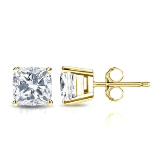 Bright White Pinnacle Cushion Lab Grown Diamond Stud in 14K Yellow Gold 2.10ct,Color-GH,Clarity-VVS