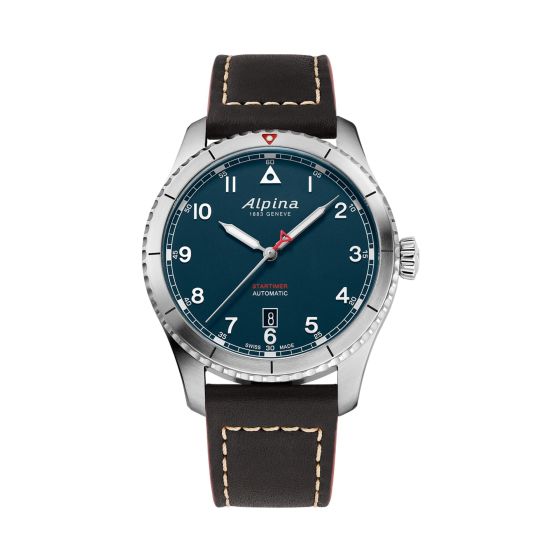 Alpina Mens Automatic Startimer Leather Strap Watch, Blue dial