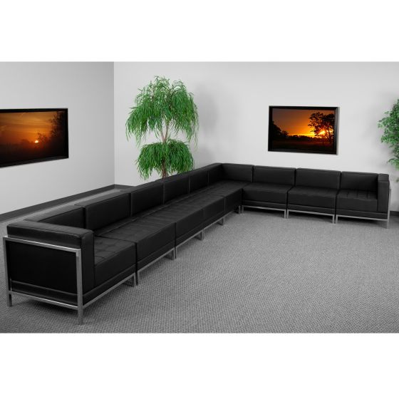 9 Piece Black LeatherSoft Modular Sectional Configuration - Stainless Steel Legs