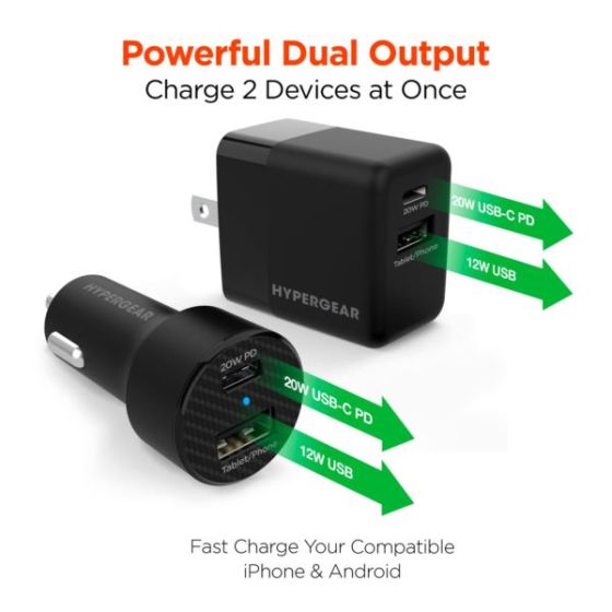 Hypergear Wall/Car Charger Bundle 20W USB-C PD + 12W Black
