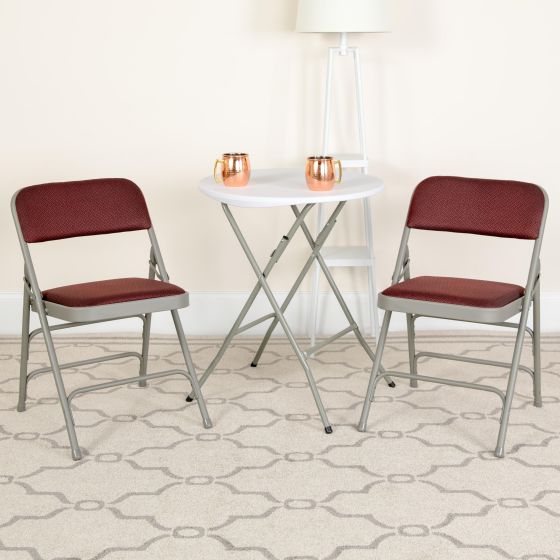 2PK Triple Braced & Double Hinged Burgundy Patterned Fabric Metal Folding Chair