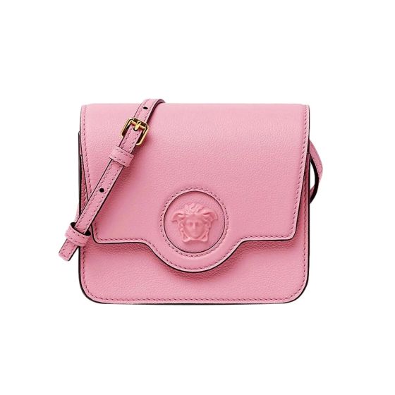 Versace La Medusa Pink Pebbled Leather Small Crossbody Bag Gold Logo