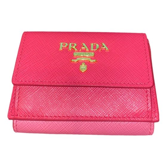 Prada Tri-Fold Saffiano Wallet Womens Pink Multicolor Gold Prada Logo