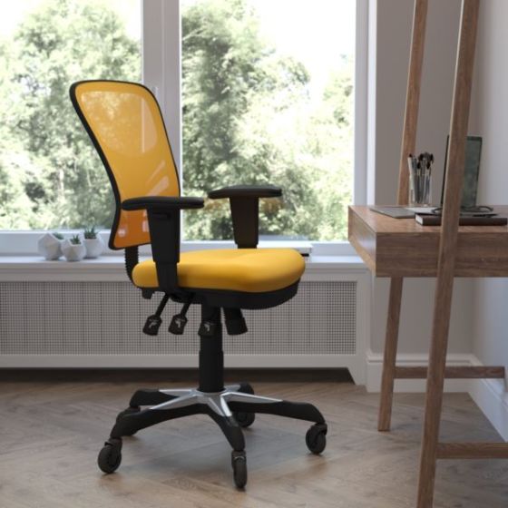 Mid-Back Ergonomic Multifunction Mesh Chair with Polyurethane Wheels-Yellow
