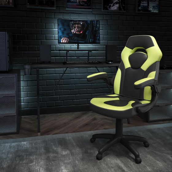 Black/Green Gaming Desk Set with Cup Holder, Headphone Hook, and Monitor Stand