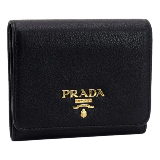 Prada Vitello Grain Black Trifold Compact Wallet Leather Logo Plaque