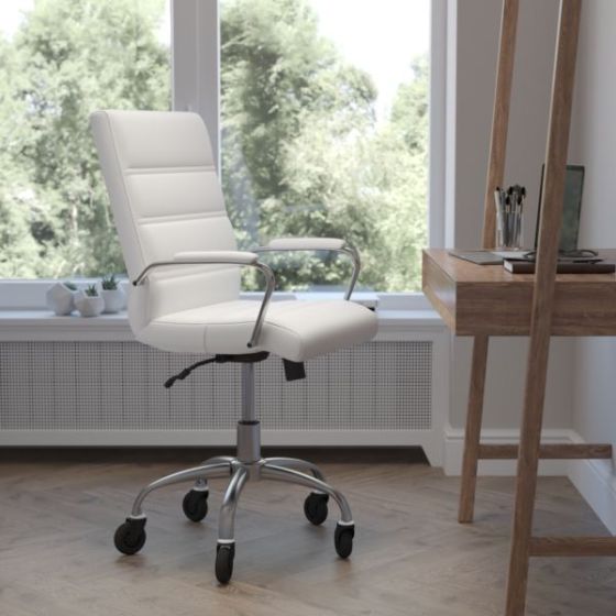 Executive Chair with Chrome Frame & Arms on Skate Wheels - White LeatherSoft