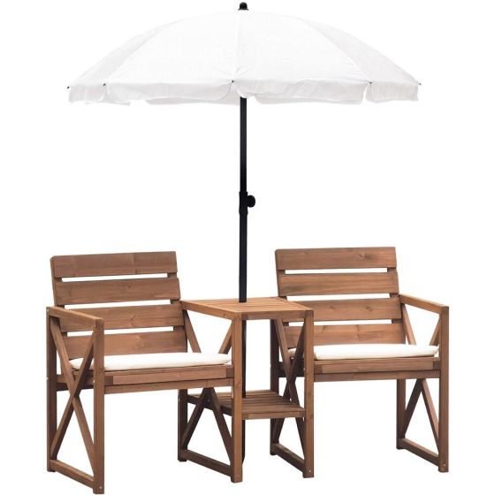 Wood Outdoor Conversation Set with Two Seats, Table, and Umbrella