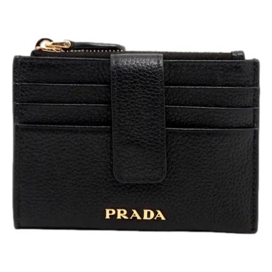 Prada Womens Vitello Grain Nero Black Leather Zip Top Card Wallet