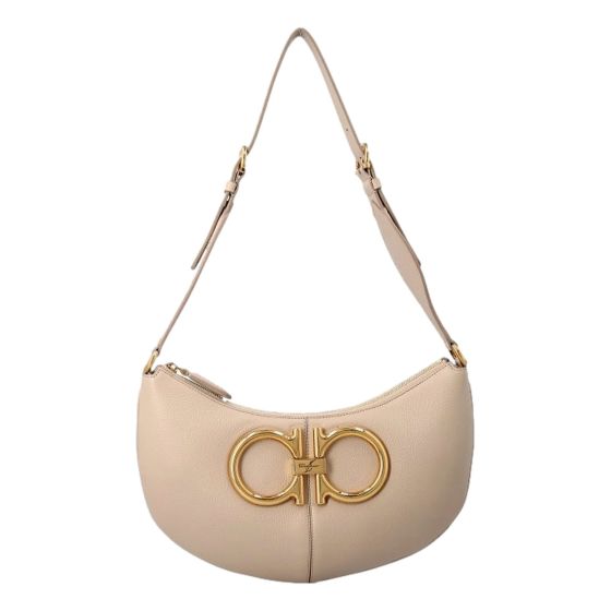 Ferragamo Gancio Beige Calfskin Daino Maxi Hobo Shoulder Bag