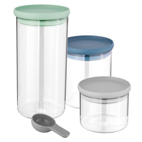 Leo Glass Food Container Set (3x), Grn, Blue, Gray