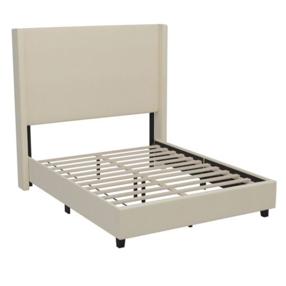 Full Size Upholstered Platform Bed with Channel Stitched Headboard in Beige