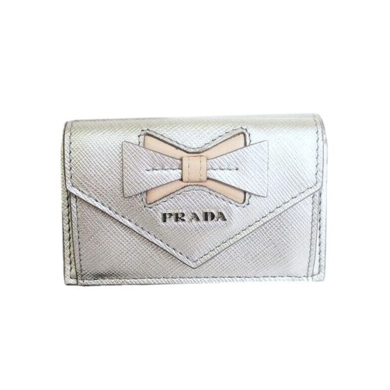 Prada Ribbon Saffiano Metallic Silver and Beige Leather Trifold Wallet