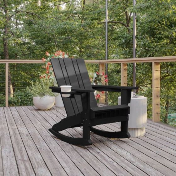 Commercial All-Weather Rocking Adirondack Chair with Swiveling Cupholder - Black