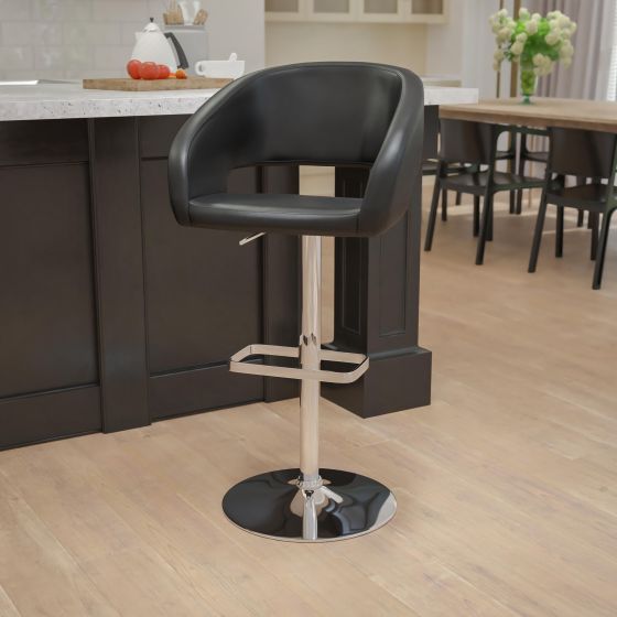 Black Vinyl Adjustable Height Barstool with Rounded Mid-Back and Chrome Base