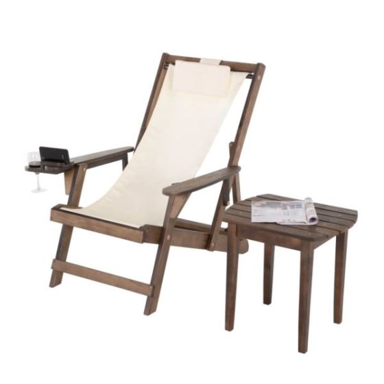 Romantic Collection - Canvas Sling Chair w/Beverage Holder & End Table - Dark Brown, Beige