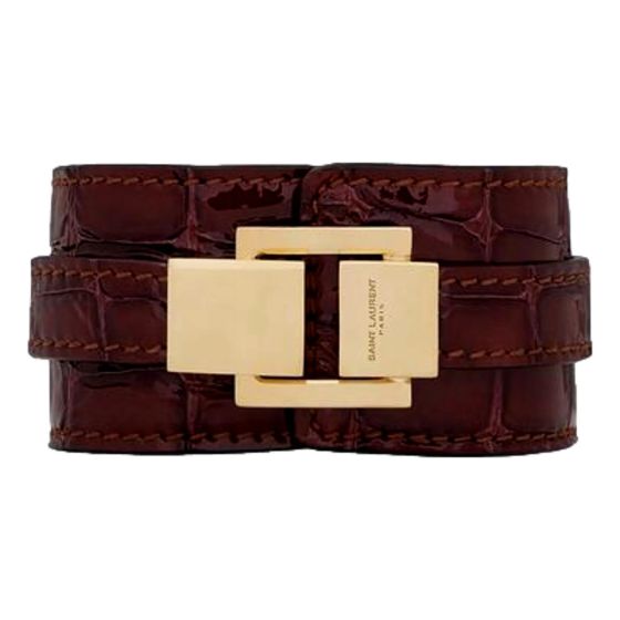 Saint Laurent Le Carre Red Croc Embossed Leather Double Wrap Bracelet Gold Square Clasp Small