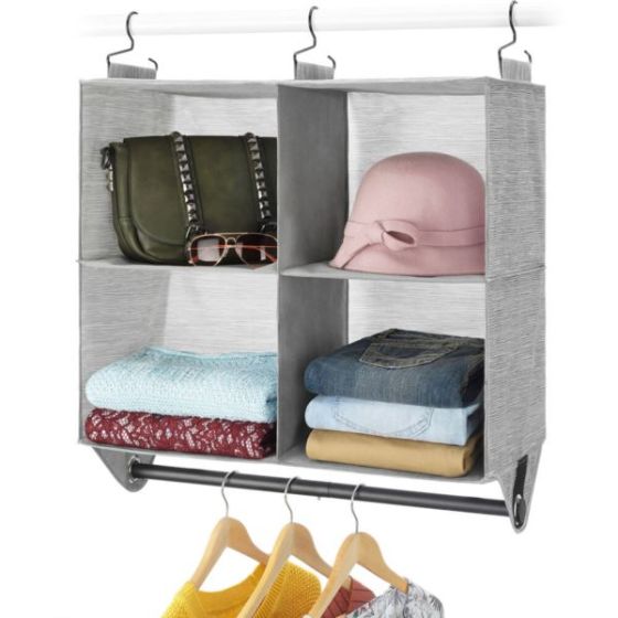 4-Section Fabric Closet Organizer with Built-in Chrome Garment Rod