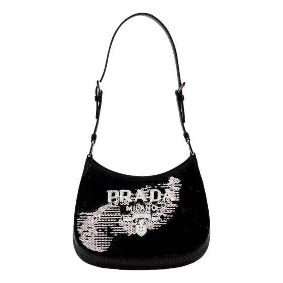 Prada Cleo Black and White Sequin Milano Logo Mini Leather Shoulder Bag