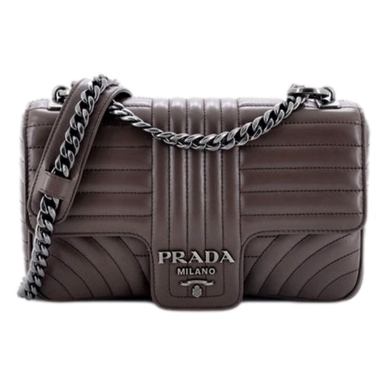 Prada Diagramme Quilted Brown Leather Medium Flap Chain Shoulder Bag