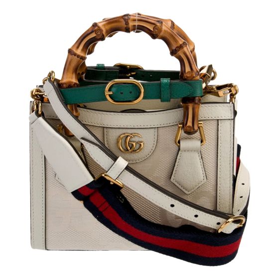 Gucci Diana Mini Bamboo Top Handle Jumbo GG Canvas Cream Leather Handbag