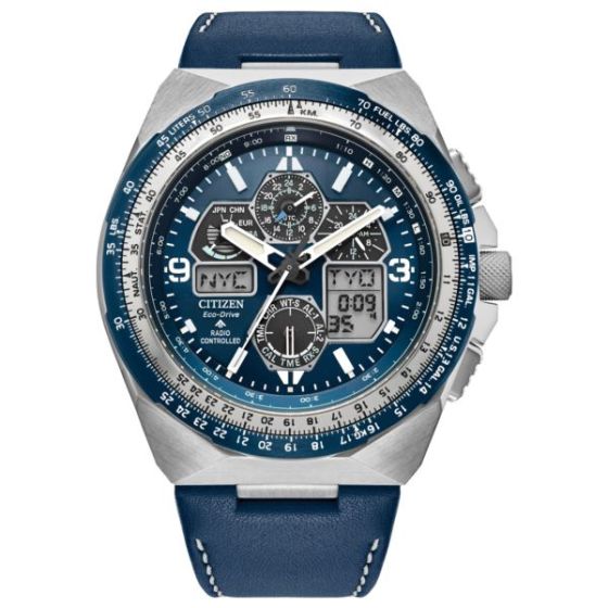 Men's Promaster Skyhawk A-T Eco-Drive Blue Leather Strap Watch Blue Dial
