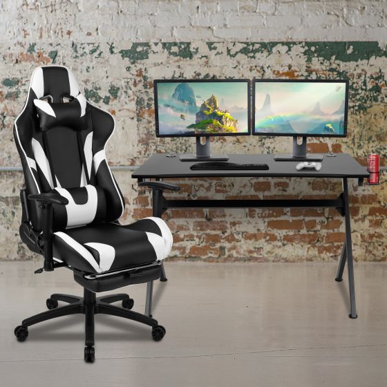 Black/Black Gaming Desk Set - Cup/Headset Holder/Reclining & Footrest